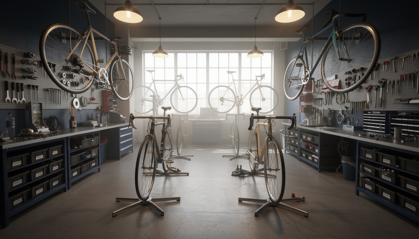 Fahrradwerkstatt Frankfurt mit mehreren Fahrrädern in der Reparatur