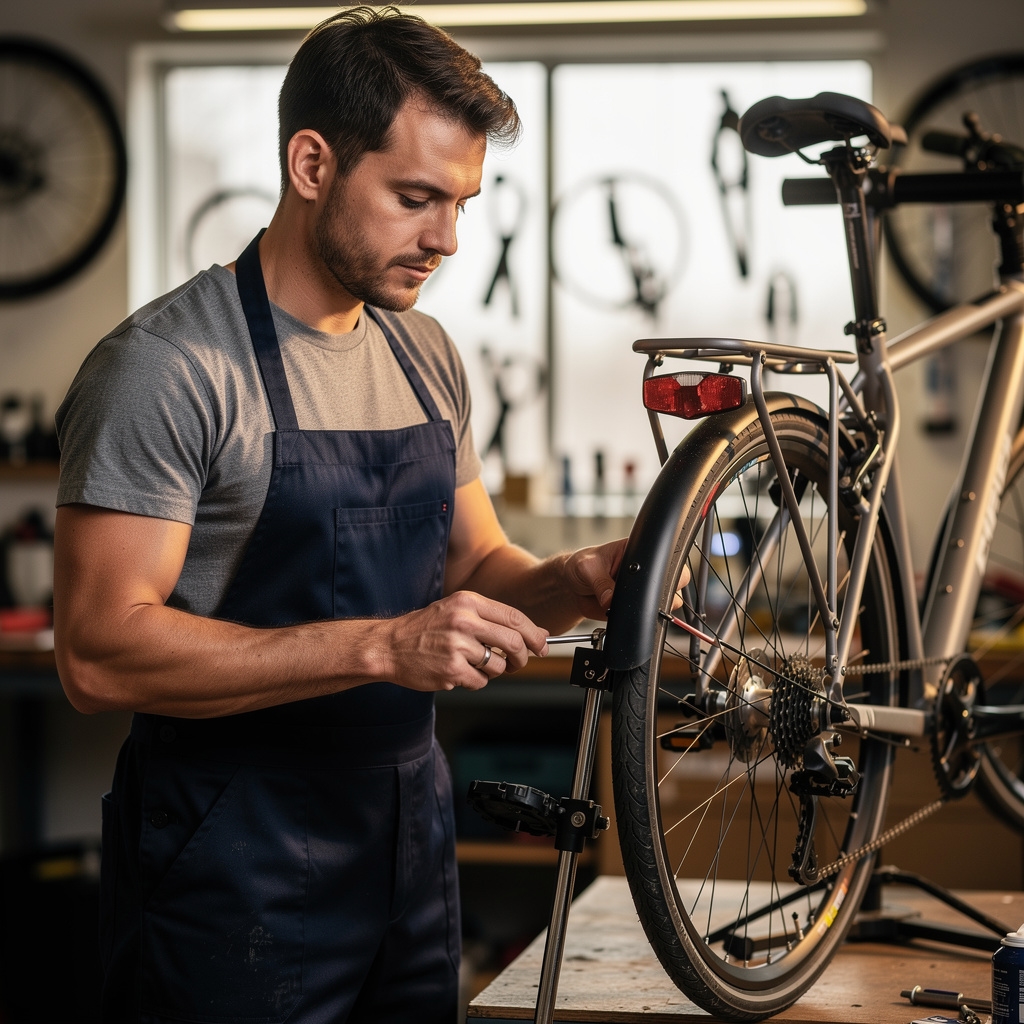 Mechaniker bei der Arbeit an einem Stadtfahrrad