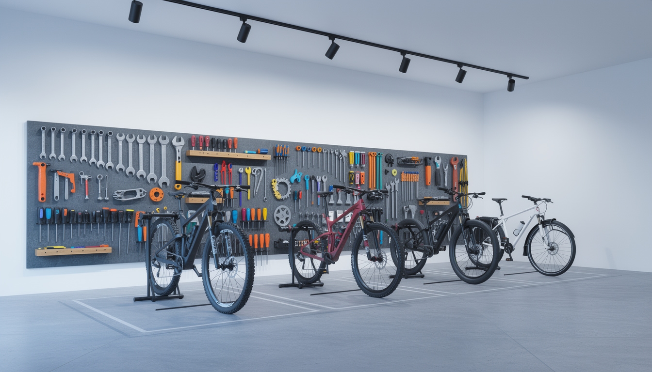 Innenansicht der Fahrradwerkstatt mit Werkzeug und Rädern